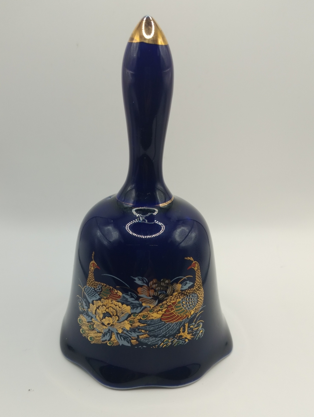 Vintage Japanese Cobalt Blue Porcelain Bell With Peacocks